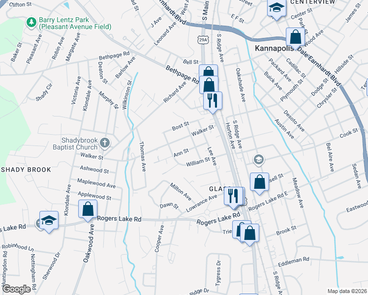 map of restaurants, bars, coffee shops, grocery stores, and more near 303 Walker Street in Kannapolis