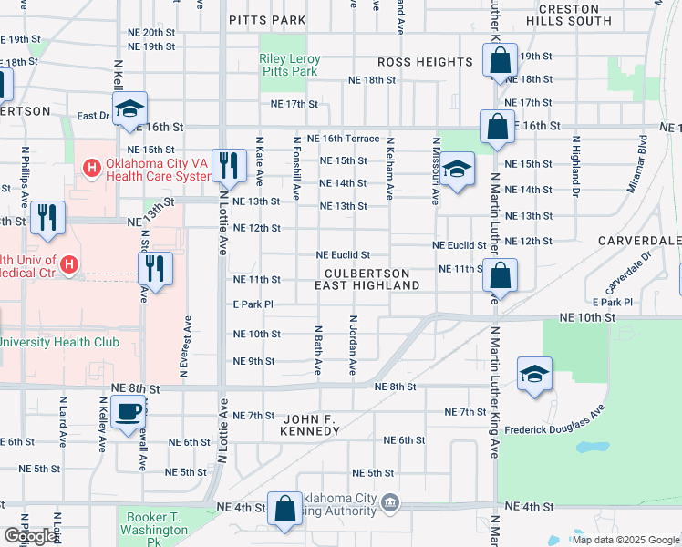 map of restaurants, bars, coffee shops, grocery stores, and more near 1529 Northeast Euclid Street in Oklahoma City