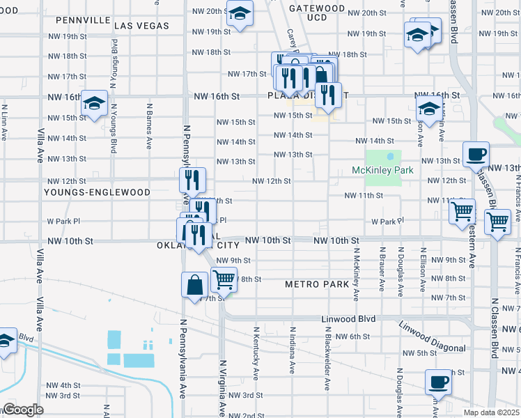 map of restaurants, bars, coffee shops, grocery stores, and more near 1901 Northwest 11th Street in Oklahoma City