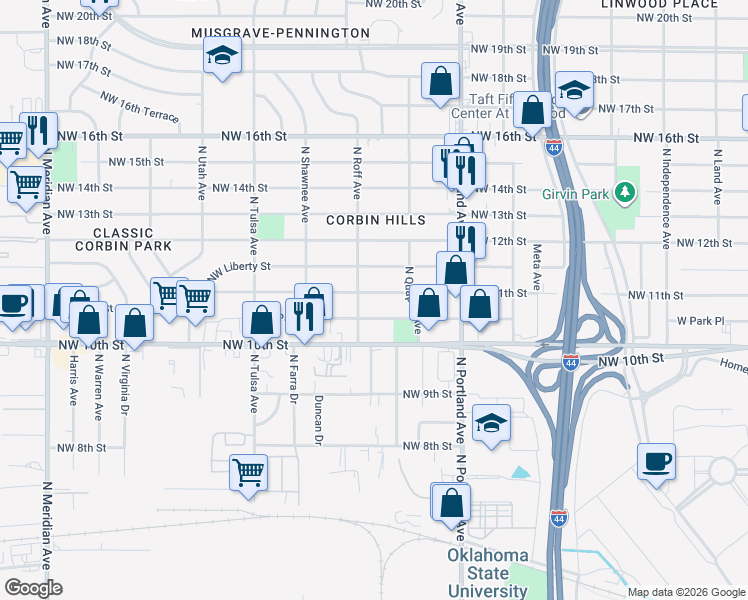 map of restaurants, bars, coffee shops, grocery stores, and more near 3835 Northwest 11th Street in Oklahoma City