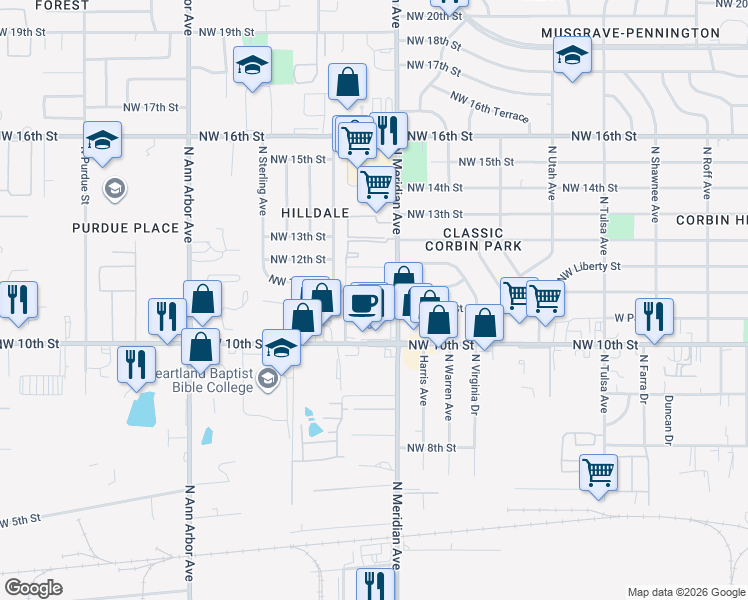 map of restaurants, bars, coffee shops, grocery stores, and more near 4509 Northwest 11th Street in Oklahoma City