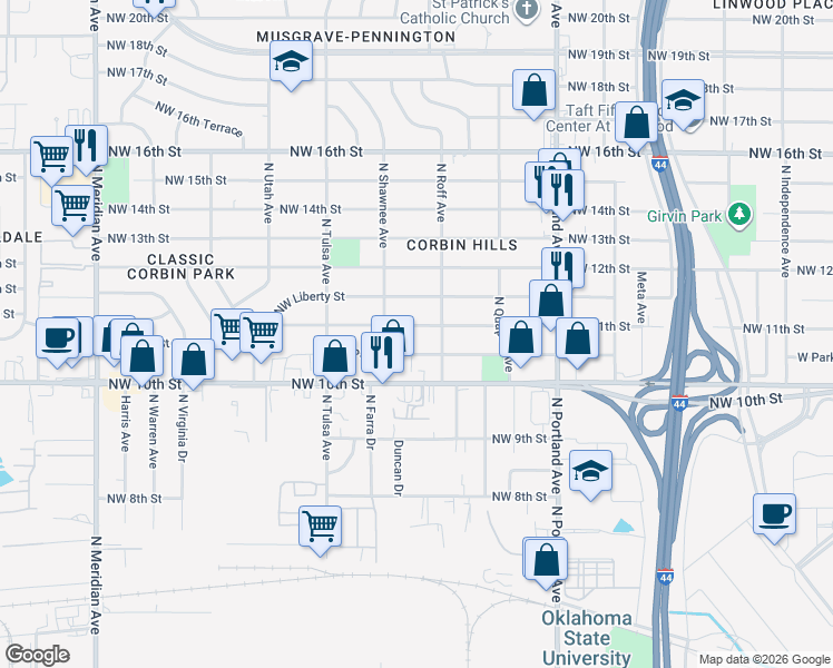 map of restaurants, bars, coffee shops, grocery stores, and more near 3911 Northwest 11th Street in Oklahoma City