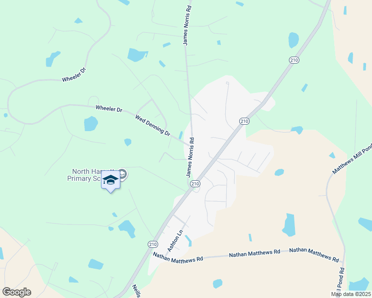 map of restaurants, bars, coffee shops, grocery stores, and more near 197 James Norris Road in Angier