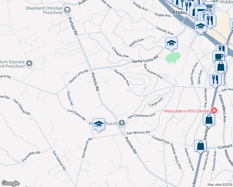 map of restaurants, bars, coffee shops, grocery stores, and more near 6360 Navarette Avenue in Atascadero