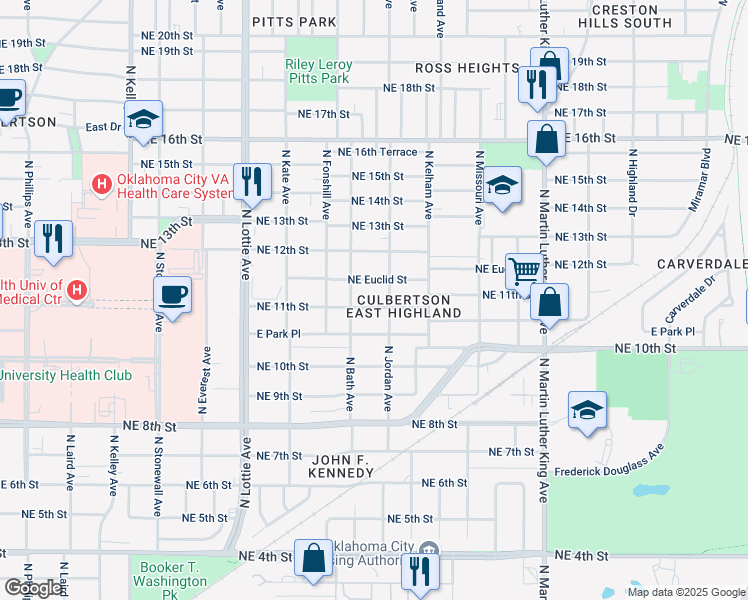 map of restaurants, bars, coffee shops, grocery stores, and more near 1529 Northeast Euclid Street in Oklahoma City