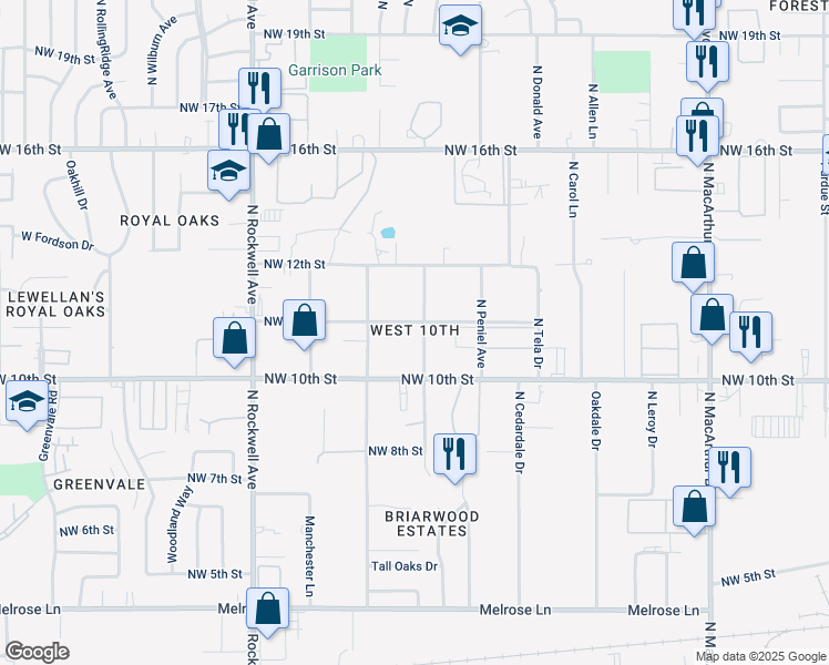 map of restaurants, bars, coffee shops, grocery stores, and more near in Oklahoma City