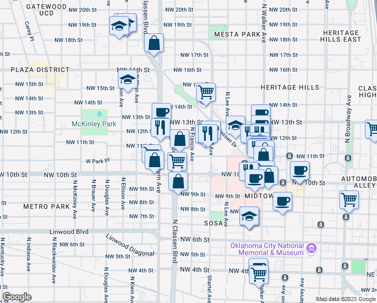 map of restaurants, bars, coffee shops, grocery stores, and more near 900 Northwest 12th Street in Oklahoma City