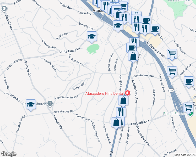 map of restaurants, bars, coffee shops, grocery stores, and more near 7220 San Andres Avenue in Atascadero