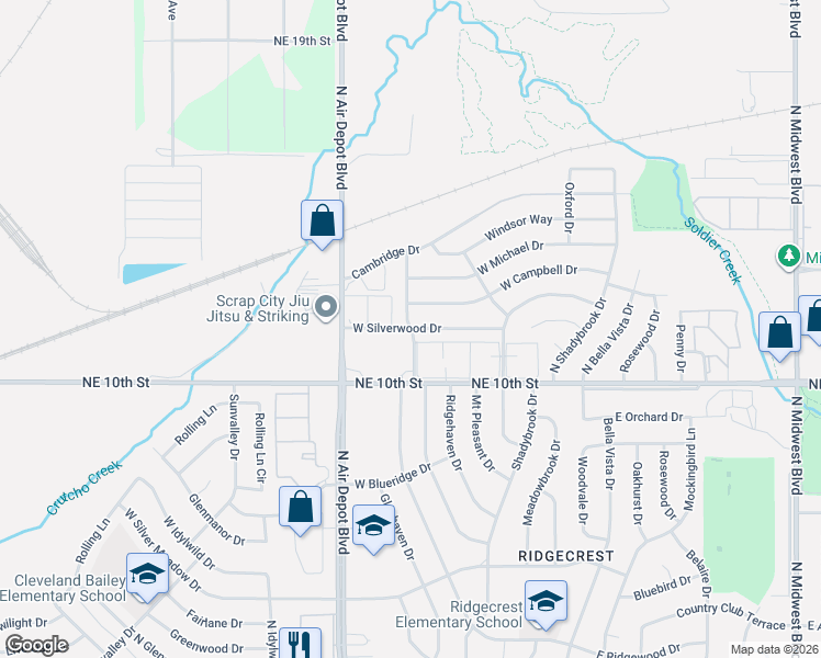 map of restaurants, bars, coffee shops, grocery stores, and more near West Silverwood Drive in Midwest City