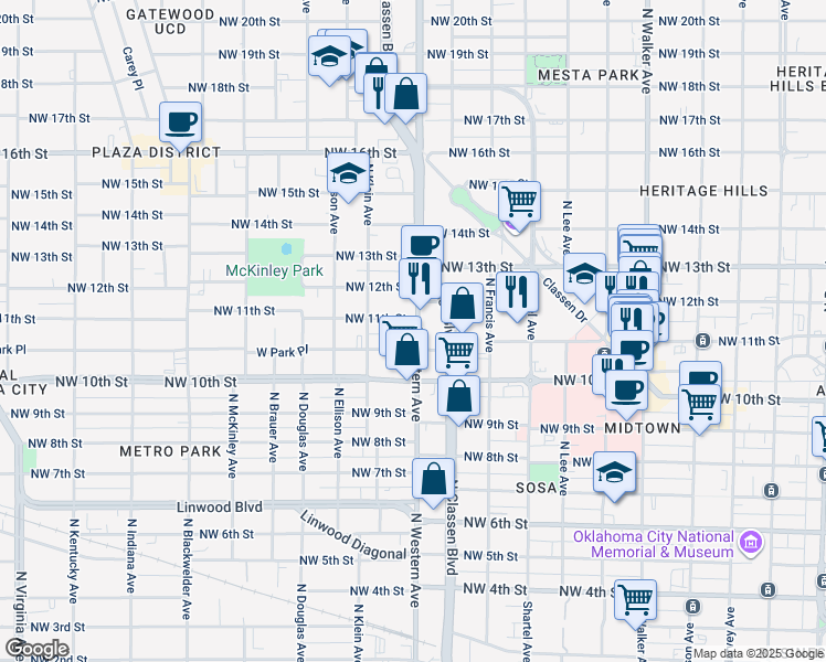 map of restaurants, bars, coffee shops, grocery stores, and more near 1244 North Western Avenue in Oklahoma City