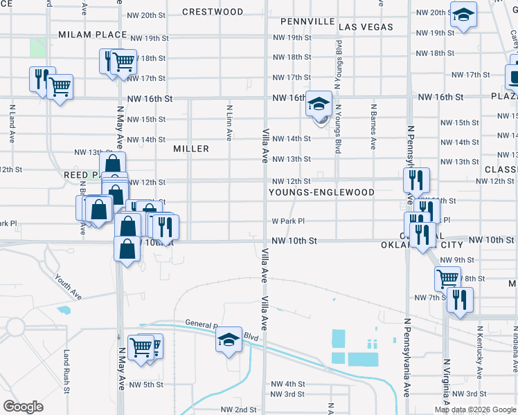 map of restaurants, bars, coffee shops, grocery stores, and more near 1205 North Villa Avenue in Oklahoma City