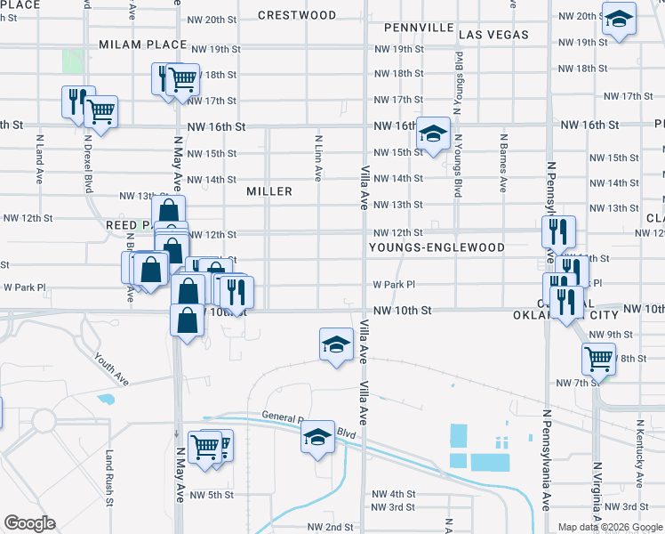 map of restaurants, bars, coffee shops, grocery stores, and more near 2541 Northwest 11th Street in Oklahoma City