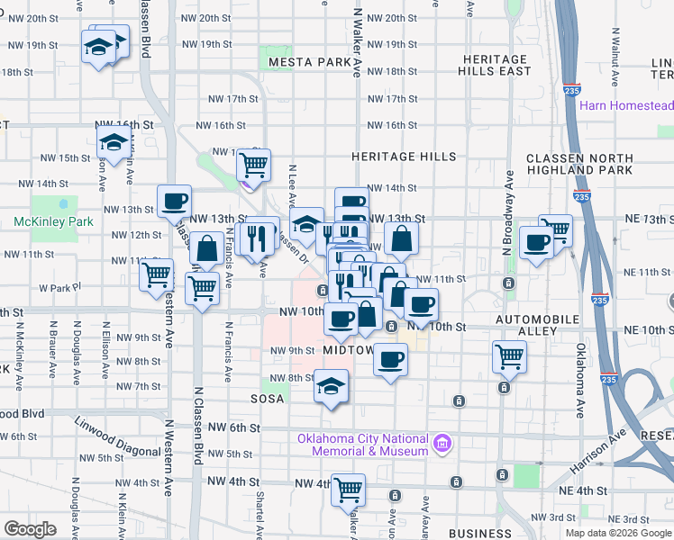 map of restaurants, bars, coffee shops, grocery stores, and more near 528 Northwest 12th Street in Oklahoma City