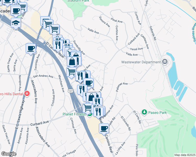 map of restaurants, bars, coffee shops, grocery stores, and more near 7685 Santa Ysabel Avenue in Atascadero