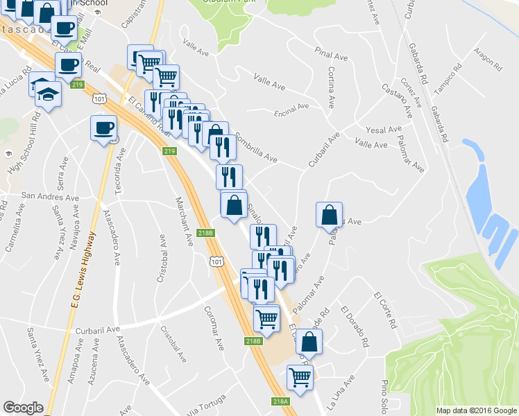 map of restaurants, bars, coffee shops, grocery stores, and more near 7555 Sinaloa Avenue in Atascadero