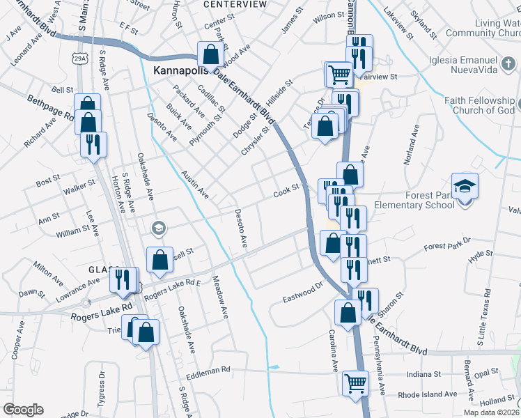map of restaurants, bars, coffee shops, grocery stores, and more near 411 Cook Street in Kannapolis