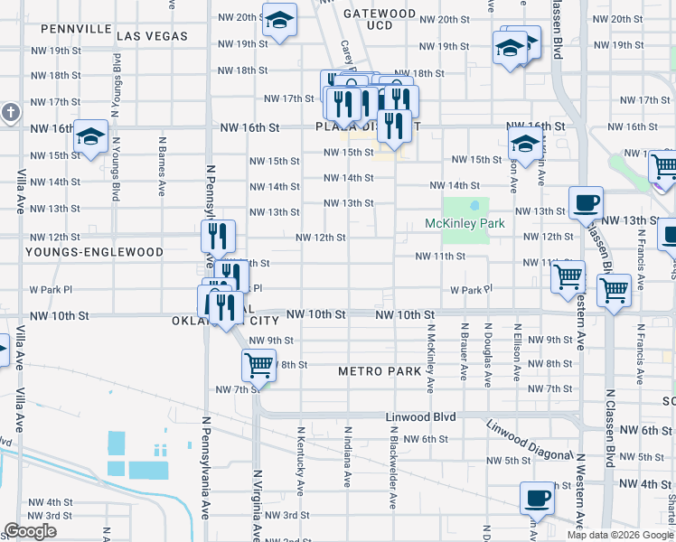 map of restaurants, bars, coffee shops, grocery stores, and more near 1817 Northwest 11th Street in Oklahoma City