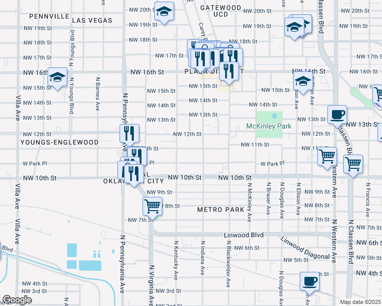 map of restaurants, bars, coffee shops, grocery stores, and more near 1817 Northwest 11th Street in Oklahoma City