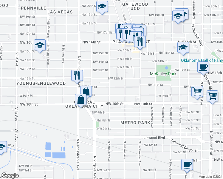 map of restaurants, bars, coffee shops, grocery stores, and more near 1901 Northwest 11th Street in Oklahoma City