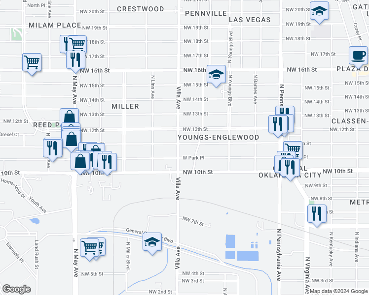 map of restaurants, bars, coffee shops, grocery stores, and more near 2415 Northwest 11th Street in Oklahoma City