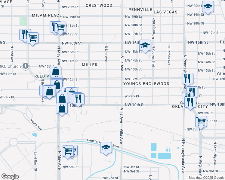 map of restaurants, bars, coffee shops, grocery stores, and more near 2541 Northwest 11th Street in Oklahoma City