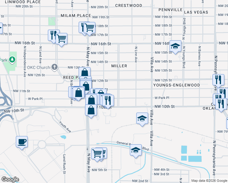 map of restaurants, bars, coffee shops, grocery stores, and more near 1201 North Miller Boulevard in Oklahoma City