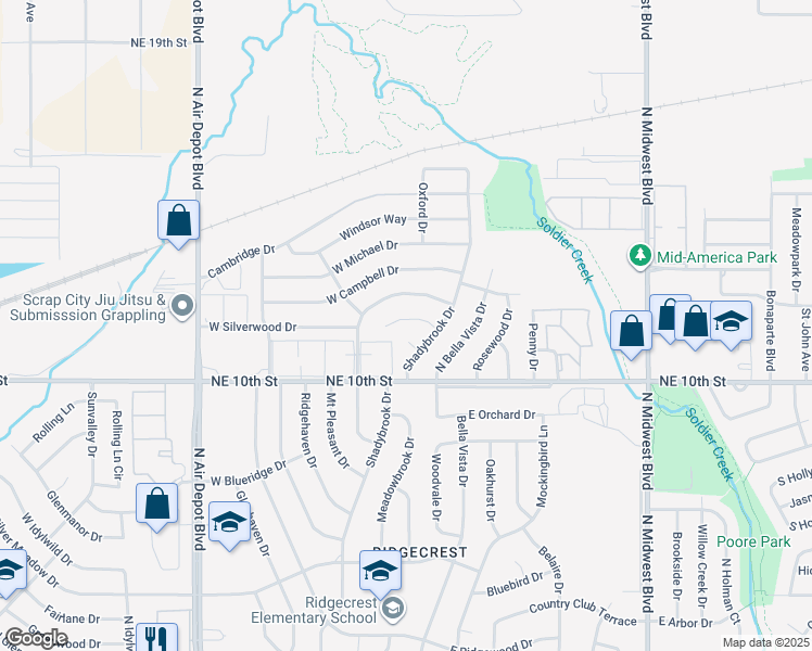 map of restaurants, bars, coffee shops, grocery stores, and more near 212 Shadybrook Place in Midwest City