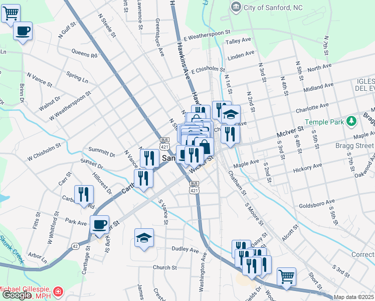 map of restaurants, bars, coffee shops, grocery stores, and more near 126 Carthage Street in Sanford