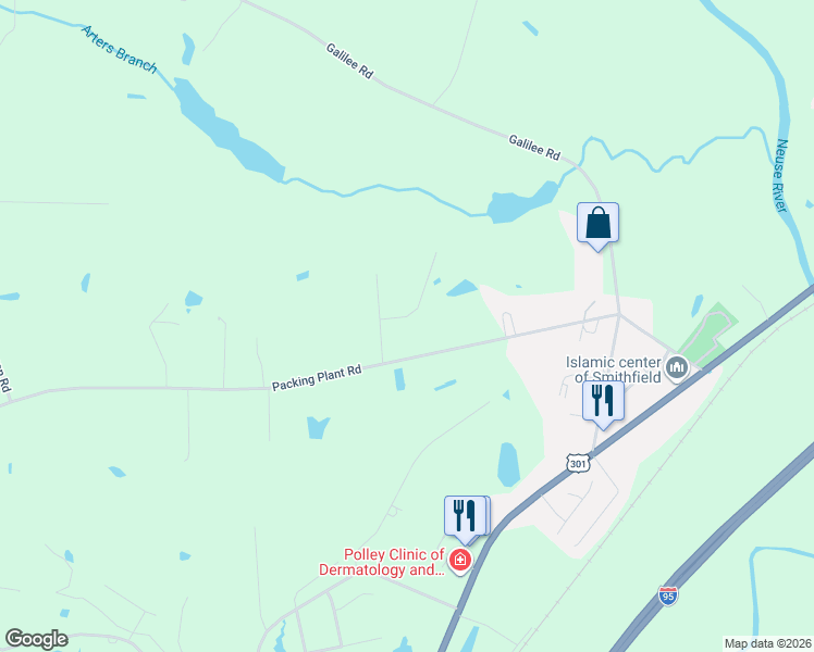 map of restaurants, bars, coffee shops, grocery stores, and more near 485 Quail Road in Smithfield