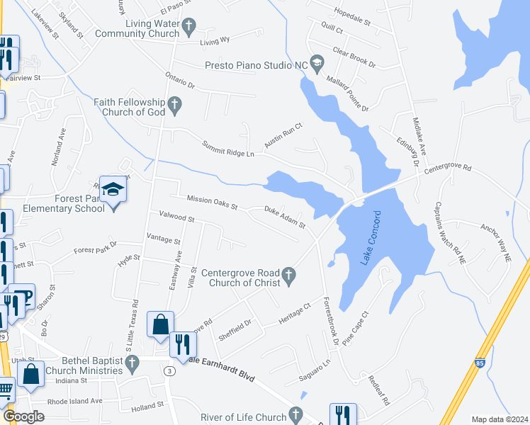 map of restaurants, bars, coffee shops, grocery stores, and more near 1836 Duke Adam Street in Kannapolis
