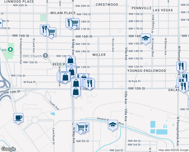 map of restaurants, bars, coffee shops, grocery stores, and more near 1201 North Miller Boulevard in Oklahoma City