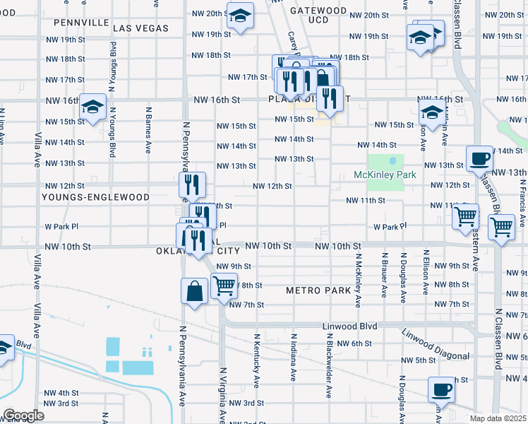 map of restaurants, bars, coffee shops, grocery stores, and more near 1901 Northwest 11th Street in Oklahoma City