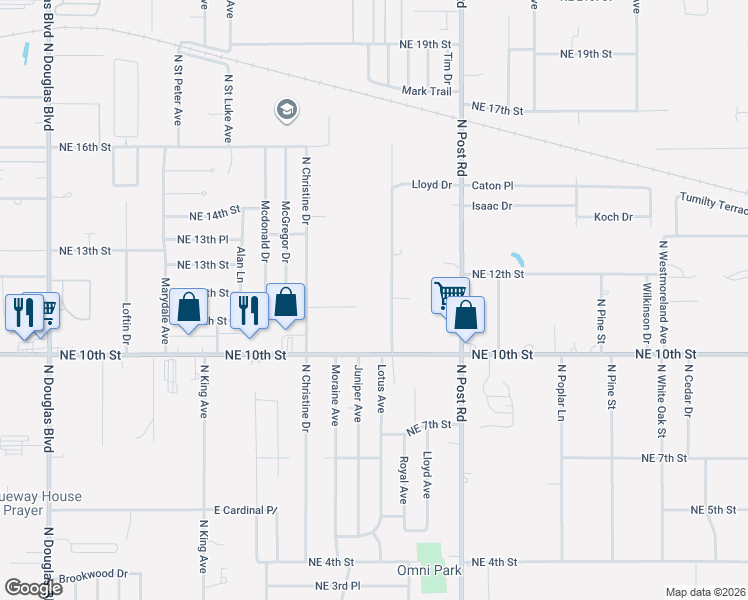 map of restaurants, bars, coffee shops, grocery stores, and more near 9629 Northeast 11th Street in Midwest City