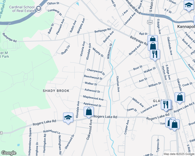map of restaurants, bars, coffee shops, grocery stores, and more near Beechwood Street in Kannapolis