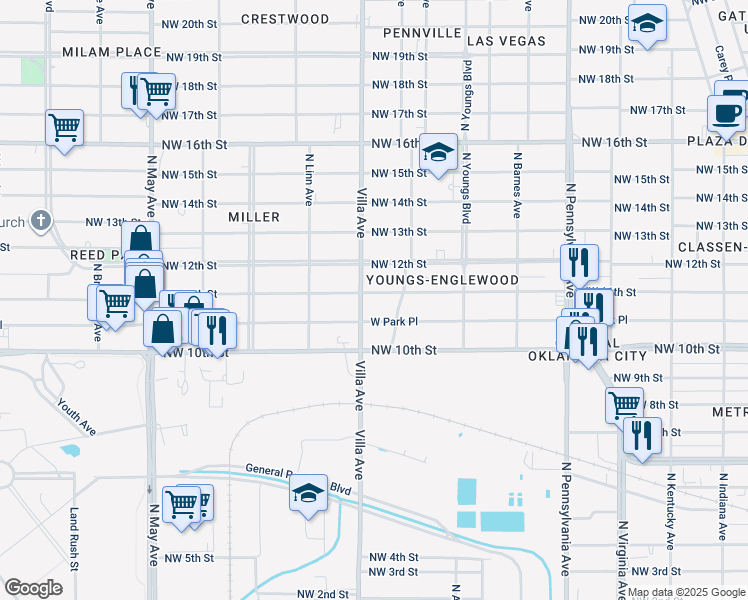 map of restaurants, bars, coffee shops, grocery stores, and more near 2415 Northwest 11th Street in Oklahoma City
