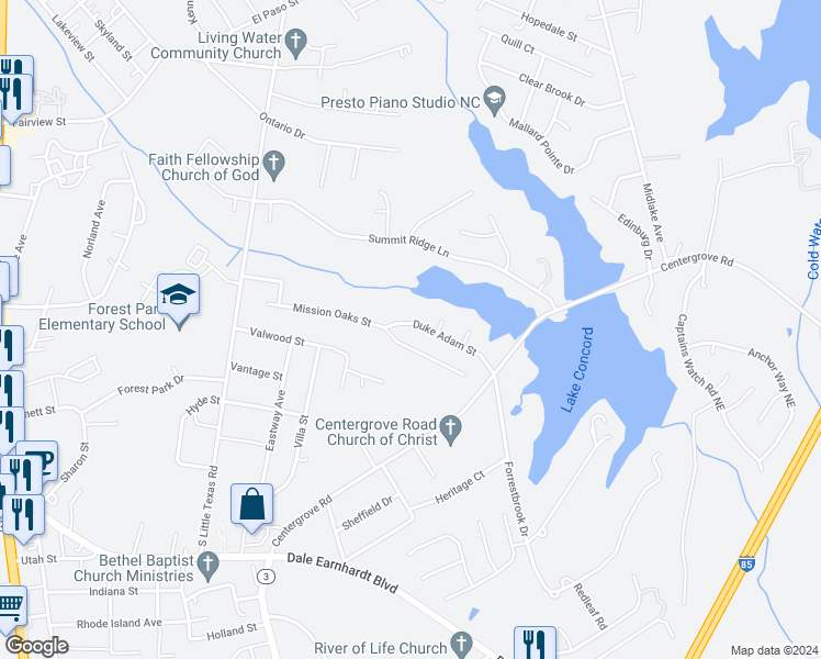 map of restaurants, bars, coffee shops, grocery stores, and more near 1830 Duke Adam Street in Kannapolis