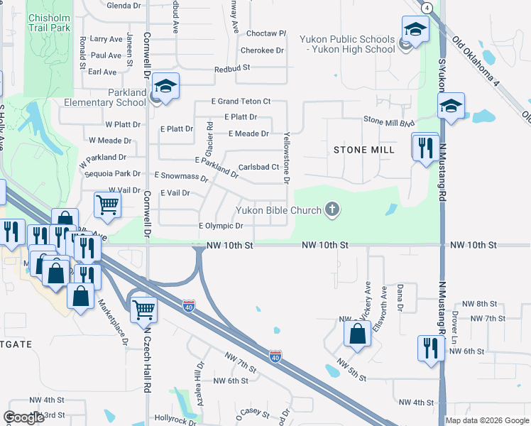 map of restaurants, bars, coffee shops, grocery stores, and more near 2401 Acadia Court in Yukon