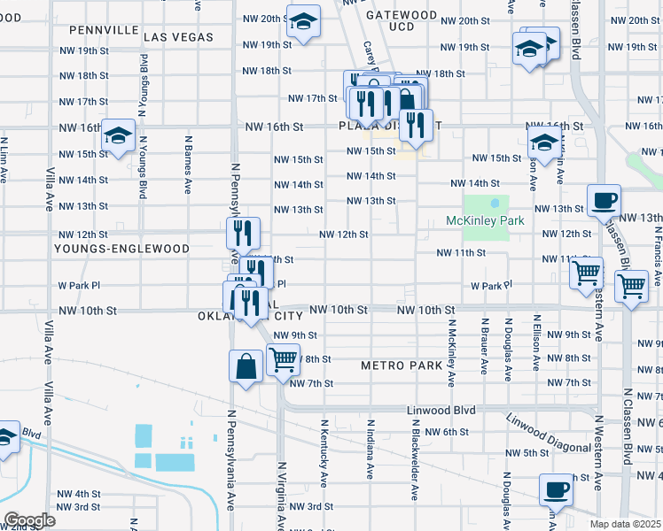 map of restaurants, bars, coffee shops, grocery stores, and more near 1901 Northwest 11th Street in Oklahoma City