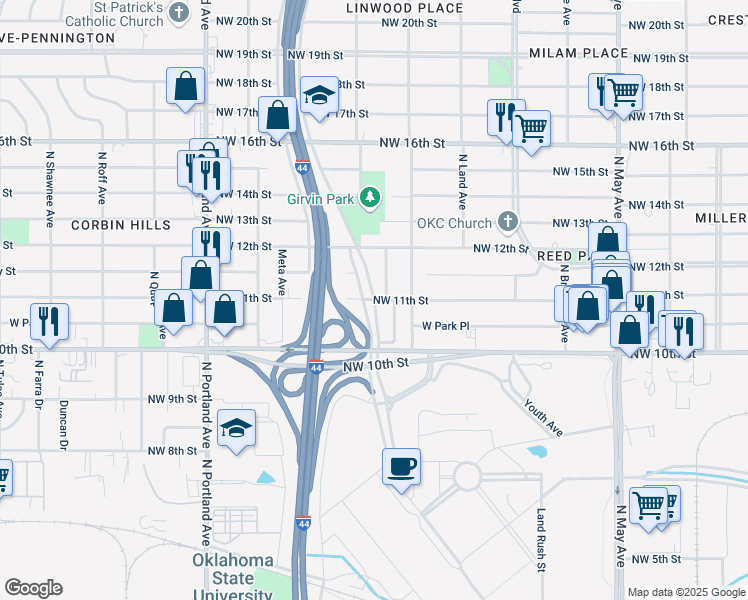 map of restaurants, bars, coffee shops, grocery stores, and more near Northwest 11th Street in Oklahoma City