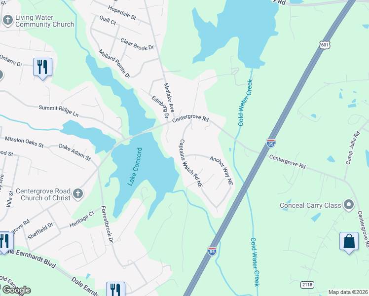 map of restaurants, bars, coffee shops, grocery stores, and more near 2543 Captains Watch in Kannapolis