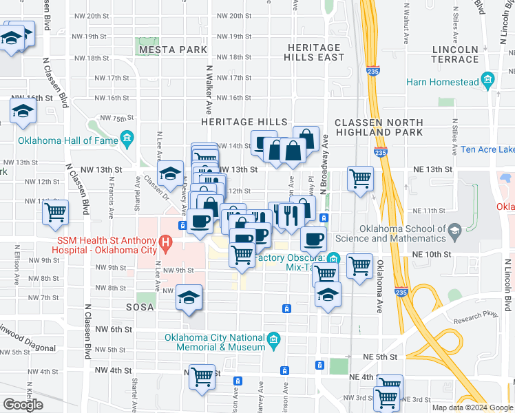 map of restaurants, bars, coffee shops, grocery stores, and more near 300 Northwest 12th Street in Oklahoma City
