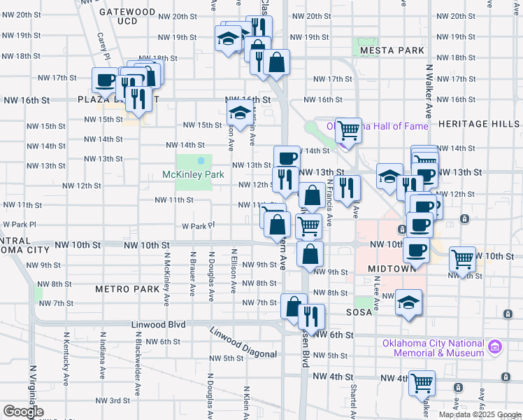 map of restaurants, bars, coffee shops, grocery stores, and more near 1133 Northwest 11th Street in Oklahoma City