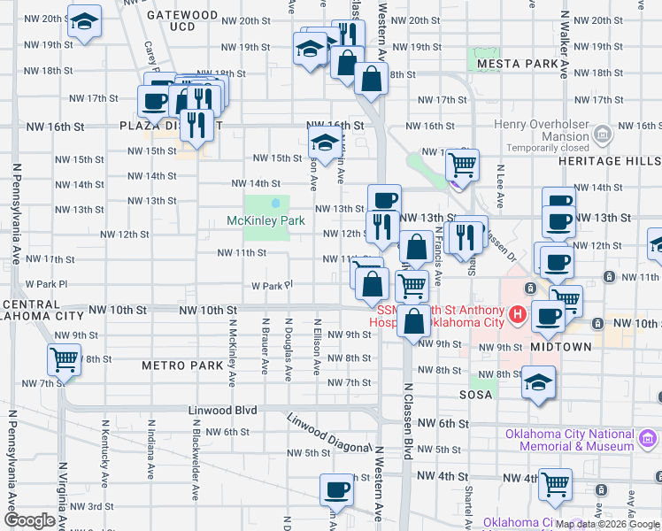 map of restaurants, bars, coffee shops, grocery stores, and more near 1229 Northwest 11th Street in Oklahoma City