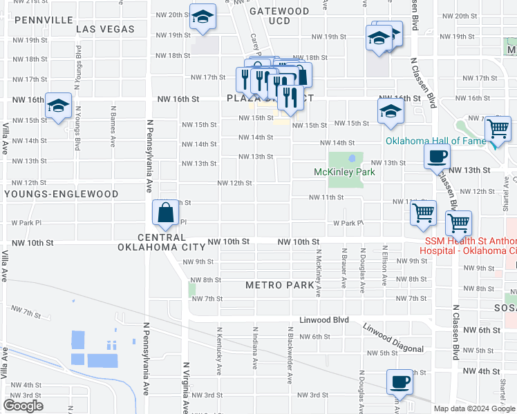 map of restaurants, bars, coffee shops, grocery stores, and more near 1737 Northwest 11th Street in Oklahoma City