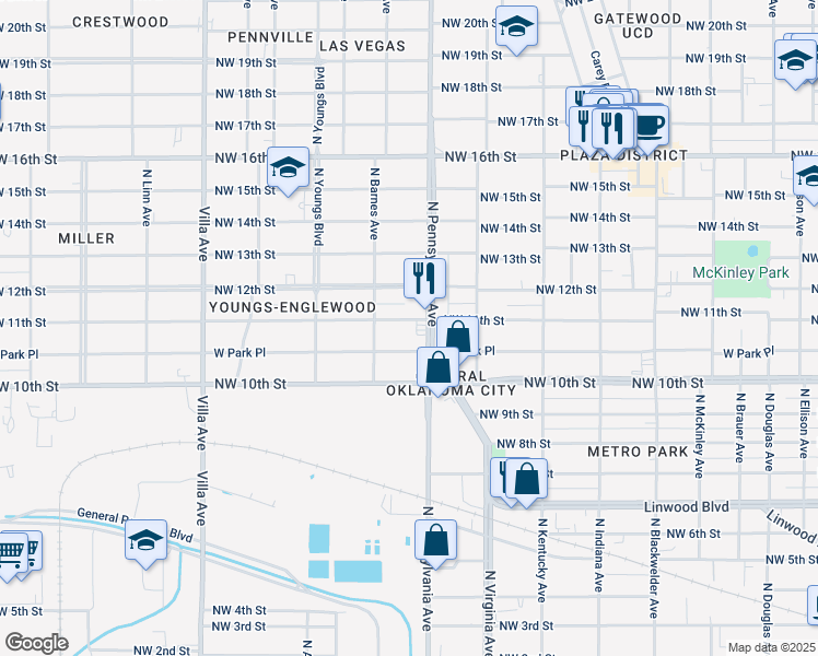 map of restaurants, bars, coffee shops, grocery stores, and more near 1201 North Pennsylvania Avenue in Oklahoma City