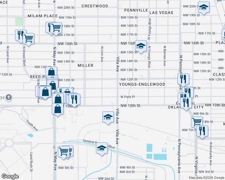 map of restaurants, bars, coffee shops, grocery stores, and more near 1205 North Villa Avenue in Oklahoma City