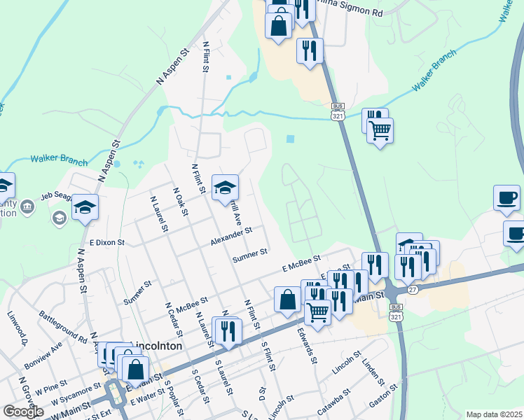 map of restaurants, bars, coffee shops, grocery stores, and more near 624 North State Street in Lincolnton