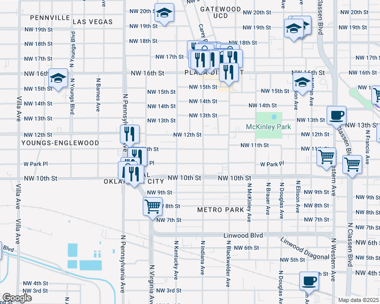 map of restaurants, bars, coffee shops, grocery stores, and more near 1817 Northwest 11th Street in Oklahoma City