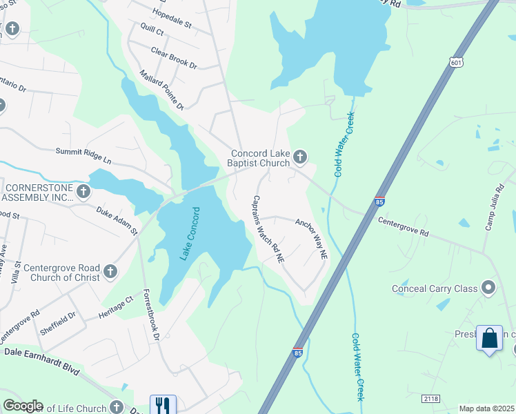 map of restaurants, bars, coffee shops, grocery stores, and more near 2555 Captains Watch Road Northeast in Kannapolis