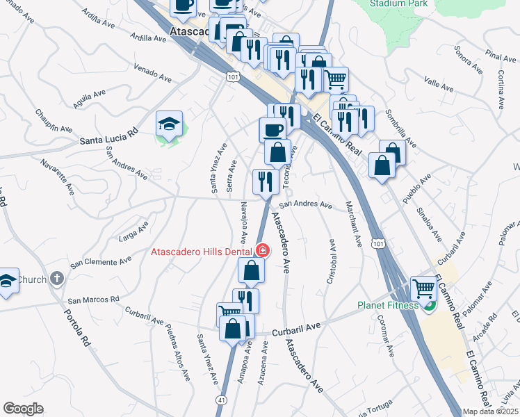 map of restaurants, bars, coffee shops, grocery stores, and more near 7800 San Andres Avenue in Atascadero